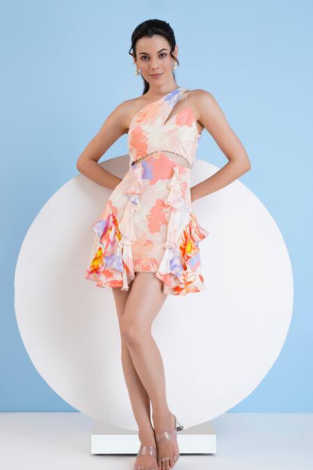 Buy_Mandira Wirk Resort_Peach Viscose, Crepe Pearls Asymmetric Pastoral Mist Printed Dress _Online_at_Aza_Fashions