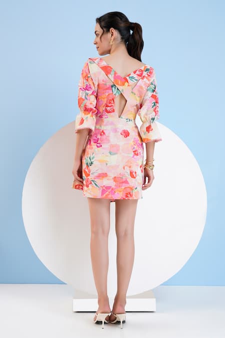 Shop Mandira Wirk Resort Multi Color Cotton V-neck Florette Print Dress at Aza Fashions Shop_Mandira Wirk Resort_Multi Color Cotton V-neck Florette Print Dress _at_Aza_Fashions