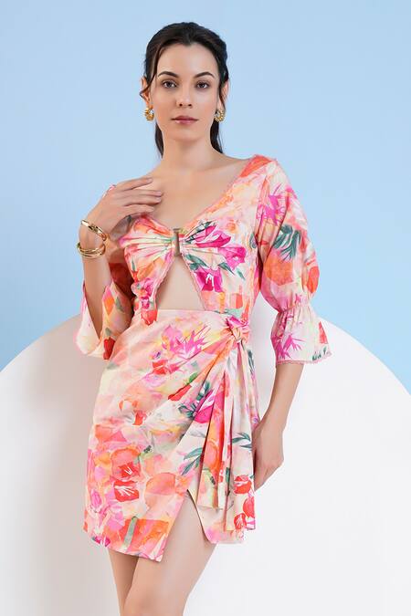 Buy Mandira Wirk Resort Multi Color Cotton V-neck Florette Print Dress Online at Aza Fashions Buy_Mandira Wirk Resort_Multi Color Cotton V-neck Florette Print Dress _Online_at_Aza_Fashions