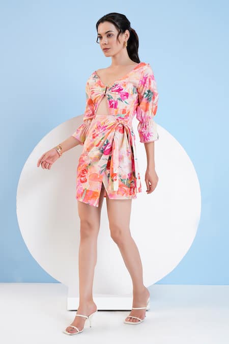 Shop Mandira Wirk Resort Multi Color Cotton V-neck Florette Print Dress Online at Aza Fashions Shop_Mandira Wirk Resort_Multi Color Cotton V-neck Florette Print Dress _Online_at_Aza_Fashions