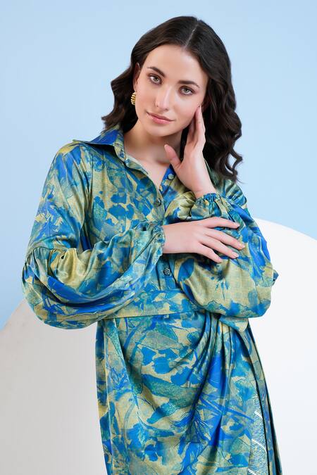 Shop_Mandira Wirk Resort_Blue Satin Buckles Collared Botanical Print Dress With Belt _Online_at_Aza_Fashions