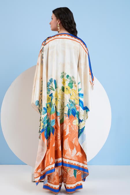 Mandira Wirk Resort_Ivory Satin Embroidery Scoop Neck Floral Print Cape And Bustier Pant Set _Online_at_Aza_Fashions