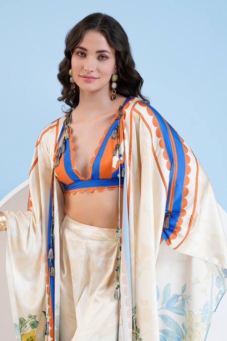 Mandira Wirk Resort_Ivory Satin Embroidery Scoop Neck Floral Print Cape And Bustier Pant Set _at_Aza_Fashions