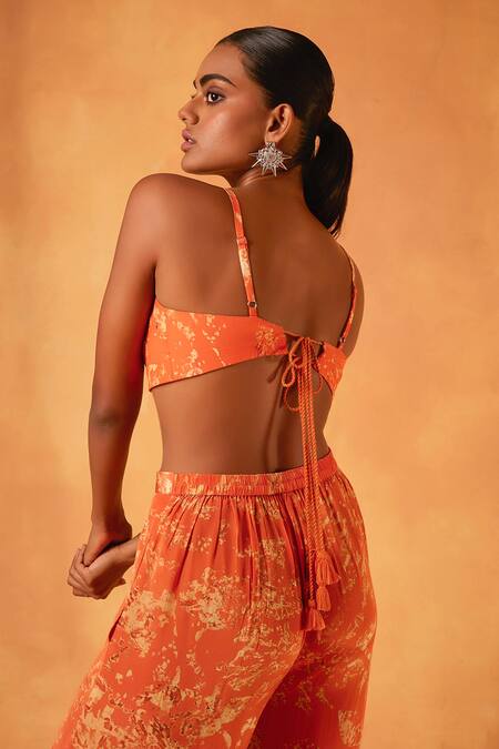 Saundh_Orange Crepe Tassels Open Neck, Round Serenade Abstract Print Jacket Sharara Set _Online_at_Aza_Fashions