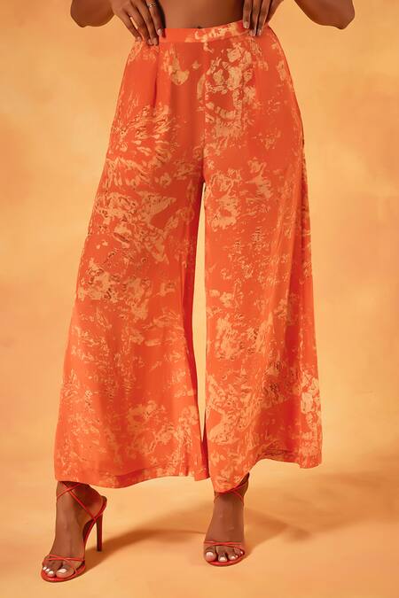 Buy_Saundh_Orange Crepe Tassels Open Neck, Round Serenade Abstract Print Jacket Sharara Set _Online_at_Aza_Fashions