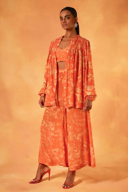 Shop_Saundh_Orange Crepe Tassels Open Neck, Round Serenade Abstract Print Jacket Sharara Set _Online_at_Aza_Fashions