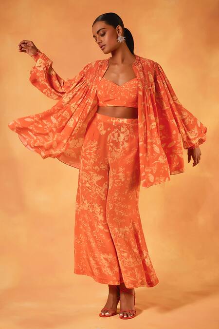 Saundh_Orange Crepe Tassels Open Neck, Round Serenade Abstract Print Jacket Sharara Set _at_Aza_Fashions