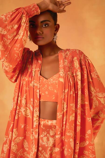 Buy_Saundh_Orange Crepe Tassels Open Neck, Round Serenade Abstract Print Jacket Sharara Set 