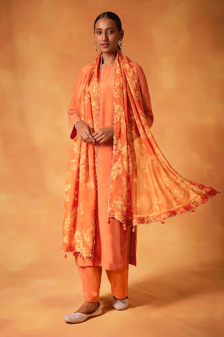 Saundh Orange Kurta Natural Crepe Print Blossom Round Neck A-line Pant Set