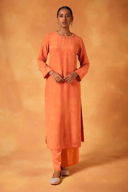 Saundh_Orange Crepe, Cotton Satin, Organza Beads Blossom Print A-line Kurta Pant Set_Online_at_Aza_Fashions