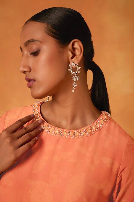 Buy_Saundh_Orange Crepe, Cotton Satin, Organza Beads Blossom Print A-line Kurta Pant Set_Online_at_Aza_Fashions