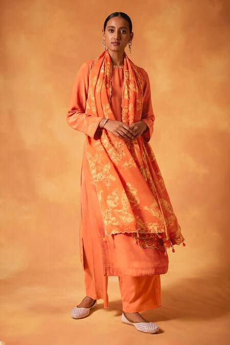 Shop_Saundh_Orange Crepe, Cotton Satin, Organza Beads Blossom Print A-line Kurta Pant Set_Online_at_Aza_Fashions