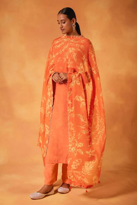 Saundh_Orange Crepe, Cotton Satin, Organza Beads Blossom Print A-line Kurta Pant Set_at_Aza_Fashions