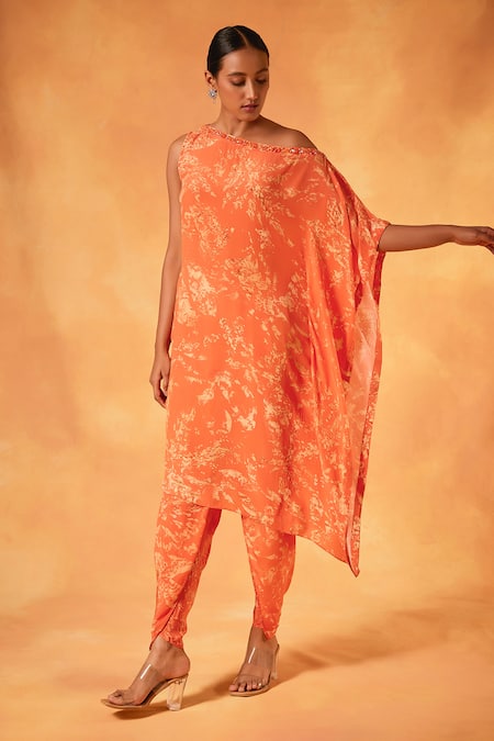 Saundh Orange Natural Crepe Print Ambrosia One Shoulder Kurta With Dhoti Pant