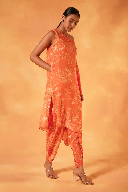 Buy Saundh Orange Crepe Stones One Shoulder Ambrosia Print Kurta Set Online at Aza Fashions Buy_Saundh_Orange Crepe Stones One Shoulder Ambrosia Print Kurta Set _Online_at_Aza_Fashions