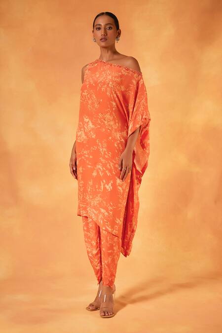 Shop Saundh Orange Crepe Stones One Shoulder Ambrosia Print Kurta Set Online at Aza Fashions Shop_Saundh_Orange Crepe Stones One Shoulder Ambrosia Print Kurta Set _Online_at_Aza_Fashions