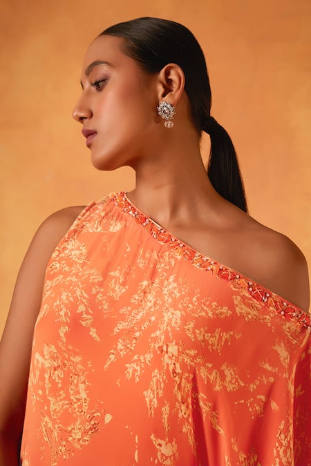Saundh Orange Crepe Stones One Shoulder Ambrosia Print Kurta Set at Aza Fashions Saundh_Orange Crepe Stones One Shoulder Ambrosia Print Kurta Set _at_Aza_Fashions