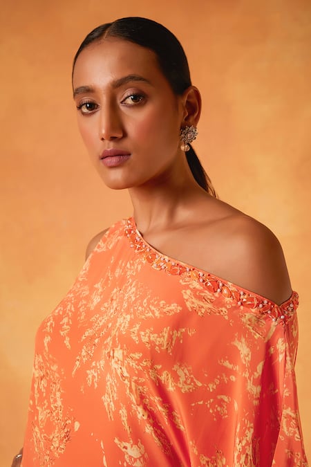 Buy Saundh Orange Crepe Stones One Shoulder Ambrosia Print Kurta Set Buy_Saundh_Orange Crepe Stones One Shoulder Ambrosia Print Kurta Set