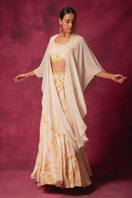 Saundh Off White Crepe Crystals Round Neck Cornelia Foliage Print Cape Lehenga Set Online at Aza Fashions Saundh_Off White Crepe Crystals Round Neck Cornelia Foliage Print Cape Lehenga Set_Online_at_Aza_Fashions
