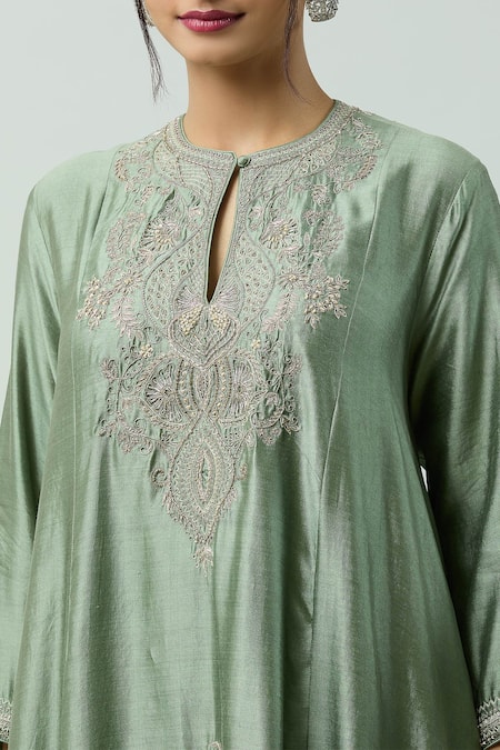 Buy_Jayanti Reddy_Green Chiffon Embroidery Round Neck Hand Tunic _Online_at_Aza_Fashions