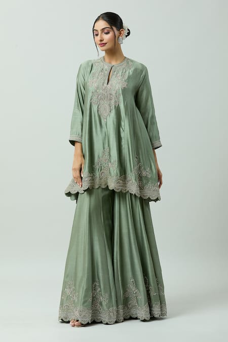 Shop_Jayanti Reddy_Green Chiffon Embroidery Round Neck Hand Tunic _Online_at_Aza_Fashions