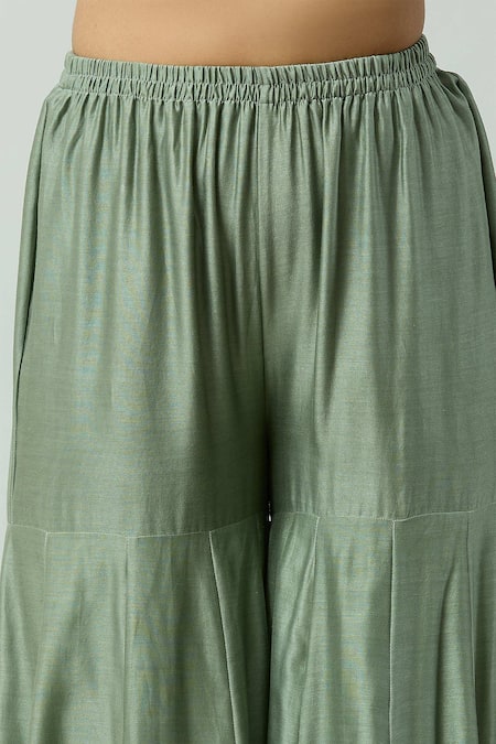 Jayanti Reddy_Green Chanderi Embroidery Pleated Sharara _Online_at_Aza_Fashions