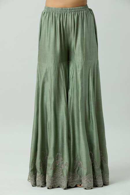 Buy_Jayanti Reddy_Green Chanderi Embroidery Pleated Sharara _Online_at_Aza_Fashions