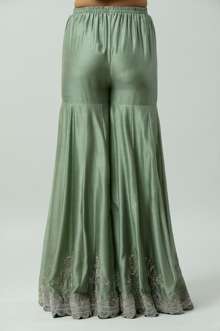 Shop_Jayanti Reddy_Green Chanderi Embroidery Pleated Sharara _Online_at_Aza_Fashions