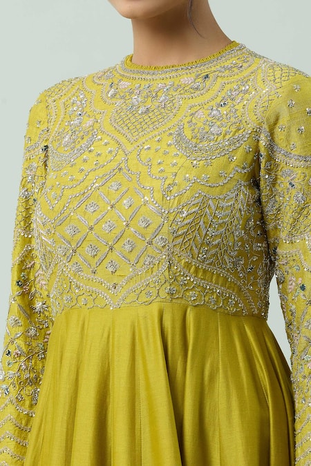 Jayanti Reddy Yellow Chanderi Embroidery Round Neck Hand Bodice Anarkali Online at Aza Fashions Jayanti Reddy_Yellow Chanderi Embroidery Round Neck Hand Bodice Anarkali _Online_at_Aza_Fashions
