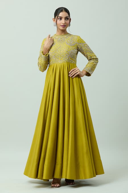 Buy Jayanti Reddy Yellow Chanderi Embroidery Round Neck Hand Bodice Anarkali Online at Aza Fashions Buy_Jayanti Reddy_Yellow Chanderi Embroidery Round Neck Hand Bodice Anarkali _Online_at_Aza_Fashions