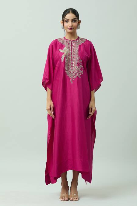 Jayanti Reddy Pink Silk Embroidery Round Neck Hand Yoke Kaftan Online at Aza Fashions Jayanti Reddy_Pink Silk Embroidery Round Neck Hand Yoke Kaftan _Online_at_Aza_Fashions