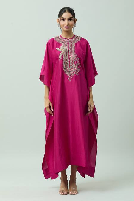 Buy Jayanti Reddy Pink Silk Embroidery Round Neck Hand Yoke Kaftan Online at Aza Fashions Buy_Jayanti Reddy_Pink Silk Embroidery Round Neck Hand Yoke Kaftan _Online_at_Aza_Fashions