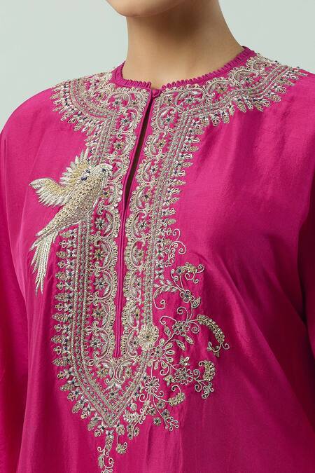 Shop Jayanti Reddy Pink Silk Embroidery Round Neck Hand Yoke Kaftan Online at Aza Fashions Shop_Jayanti Reddy_Pink Silk Embroidery Round Neck Hand Yoke Kaftan _Online_at_Aza_Fashions