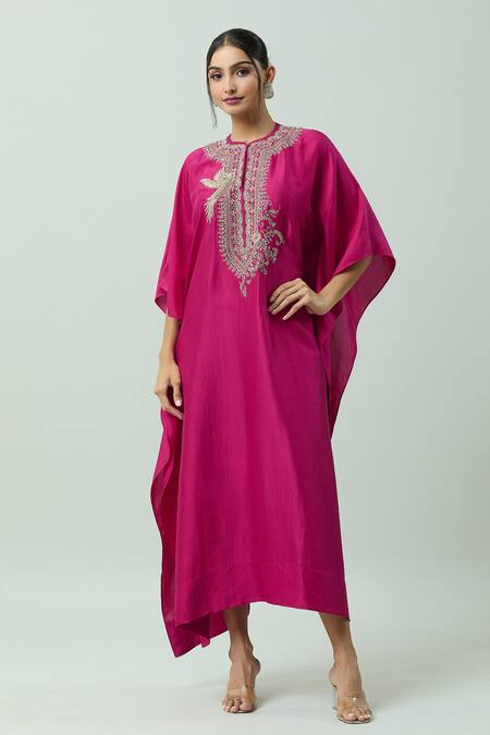 Jayanti Reddy Pink Silk Embroidery Round Neck Hand Yoke Kaftan at Aza Fashions Jayanti Reddy_Pink Silk Embroidery Round Neck Hand Yoke Kaftan _at_Aza_Fashions