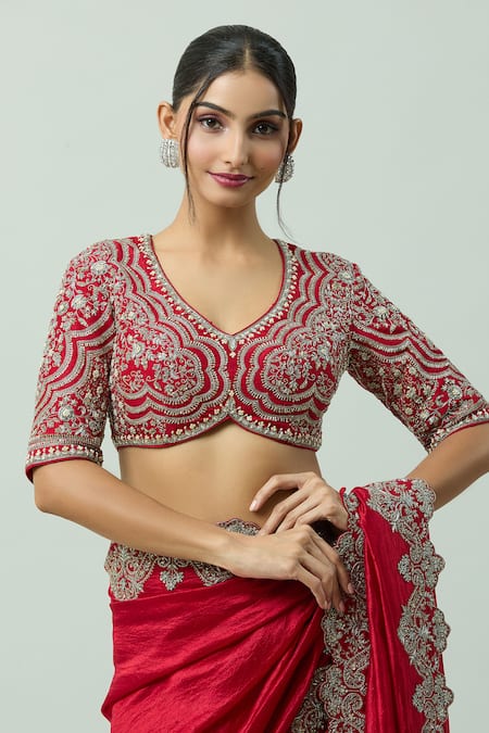 Jayanti Reddy Red Silk Embroidery Polo Collar Raw Blouse Online at Aza Fashions Jayanti Reddy_Red Silk Embroidery Polo Collar Raw Blouse _Online_at_Aza_Fashions