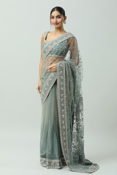 Jayanti Reddy_Blue Net Embroidery Hand Saree _Online_at_Aza_Fashions