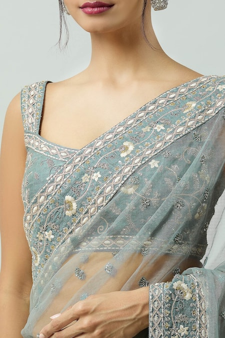 Buy_Jayanti Reddy_Blue Net Embroidery Hand Saree _Online_at_Aza_Fashions