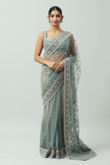 Shop_Jayanti Reddy_Blue Net Embroidery Hand Saree _Online_at_Aza_Fashions