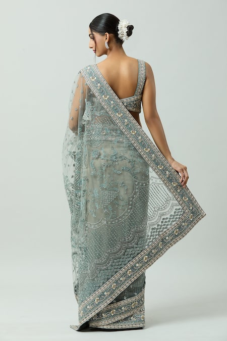 Shop_Jayanti Reddy_Blue Net Embroidery Hand Saree _at_Aza_Fashions
