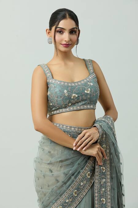 Jayanti Reddy Blue Silk Embroidery Scoop Neck Flower Hand Blouse Online at Aza Fashions Jayanti Reddy_Blue Silk Embroidery Scoop Neck Flower Hand Blouse _Online_at_Aza_Fashions