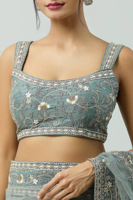 Shop Jayanti Reddy Blue Silk Embroidery Scoop Neck Flower Hand Blouse Online at Aza Fashions Shop_Jayanti Reddy_Blue Silk Embroidery Scoop Neck Flower Hand Blouse _Online_at_Aza_Fashions