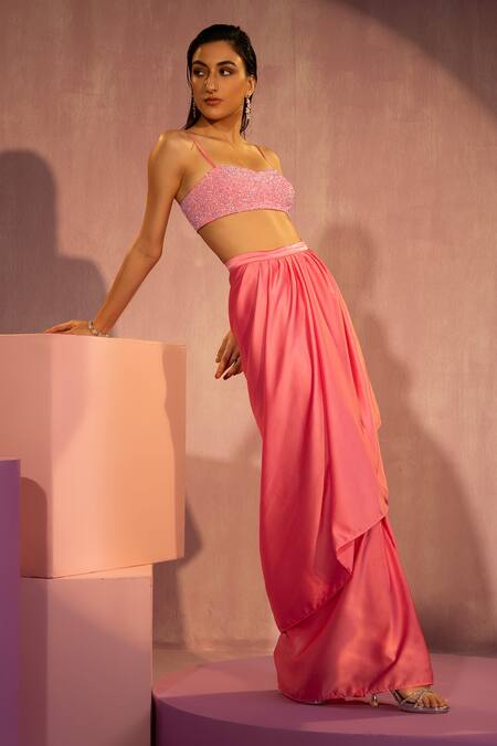 Tyohar Pink Silk, Satin Sequins Sweetheart Neck Embroidered Bustier And Draped Skirt Online at Aza Fashions Tyohar_Pink Silk, Satin Sequins Sweetheart Neck Embroidered Bustier And Draped Skirt_Online_at_Aza_Fashions