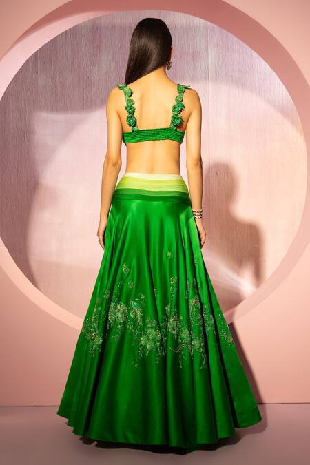 Shop Tyohar Green , , Zari, Zardozi Lehenga And Pleated Blouse Set at Aza Fashions Shop_Tyohar_Green , , Zari, Zardozi Lehenga And Pleated Blouse Set_at_Aza_Fashions