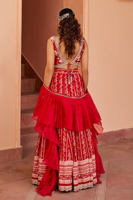 Shop Chhavvi Aggarwal Red Georgette Sequins, Zari V-neck Floral Stripe Print Lehenga Set at Aza Fashions Shop_Chhavvi Aggarwal_Red Georgette Sequins, Zari V-neck Floral Stripe Print Lehenga Set _at_Aza_Fashions