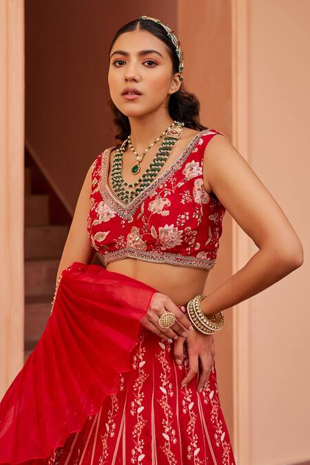Chhavvi Aggarwal Red Georgette Sequins, Zari V-neck Floral Stripe Print Lehenga Set Online at Aza Fashions Chhavvi Aggarwal_Red Georgette Sequins, Zari V-neck Floral Stripe Print Lehenga Set _Online_at_Aza_Fashions