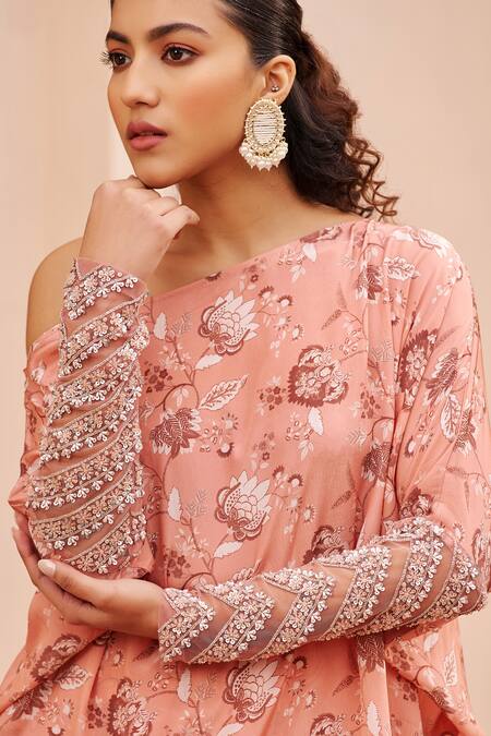 Chhavvi Aggarwal Pink Crepe Sequins One Shoulder Printed Top And Pant Set Online at Aza Fashions Chhavvi Aggarwal_Pink Crepe Sequins One Shoulder Printed Top And Pant Set _Online_at_Aza_Fashions