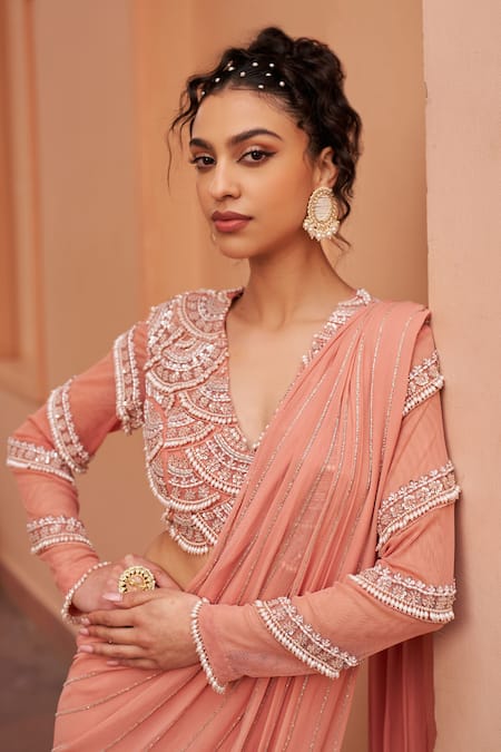 Chhavvi Aggarwal Pink Georgette Cut Work, Pearls Stripe Embroidered Lehenga Saree With Blouse Online at Aza Fashions Chhavvi Aggarwal_Pink Georgette Cut Work, Pearls Stripe Embroidered Lehenga Saree With Blouse _Online_at_Aza_Fashions