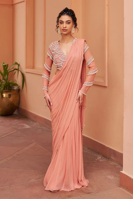 Shop Chhavvi Aggarwal Pink Georgette Cut Work, Pearls Stripe Embroidered Lehenga Saree With Blouse Online at Aza Fashions Shop_Chhavvi Aggarwal_Pink Georgette Cut Work, Pearls Stripe Embroidered Lehenga Saree With Blouse _Online_at_Aza_Fashions