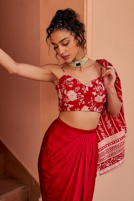 Chhavvi Aggarwal_Red Crepe, Satin Cut Work, Sequins V-neck Embroidered Cape Draped Skirt Set _Online_at_Aza_Fashions