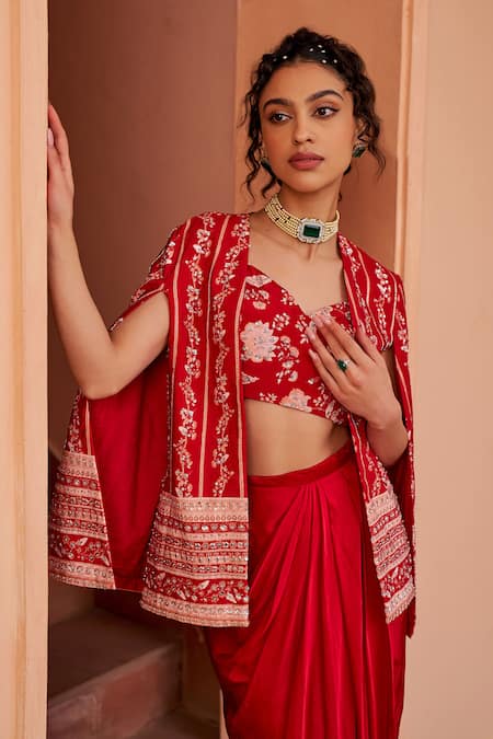 Buy_Chhavvi Aggarwal_Red Crepe, Satin Cut Work, Sequins V-neck Embroidered Cape Draped Skirt Set _Online_at_Aza_Fashions